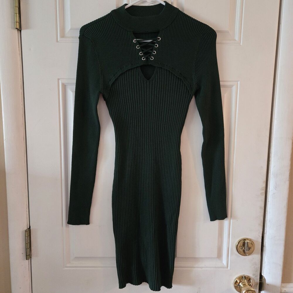 No Boundaries Women’s Medium Ribbed Knit Lace Up Dress Green Bodycon Long Sleeve